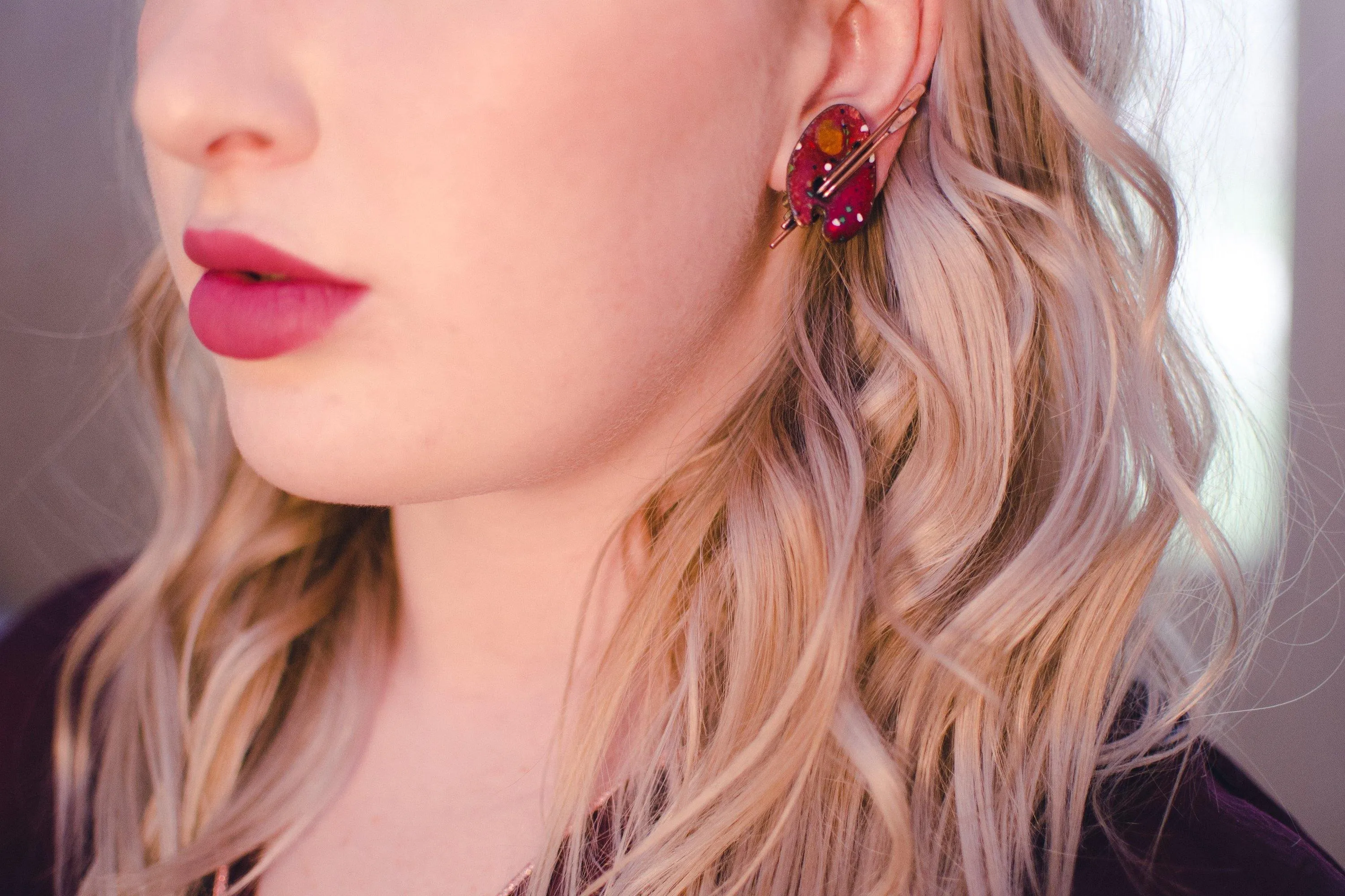 Vintage Matisse Painters Pallet Earrings, Red Lucite, Copper, Clip-on