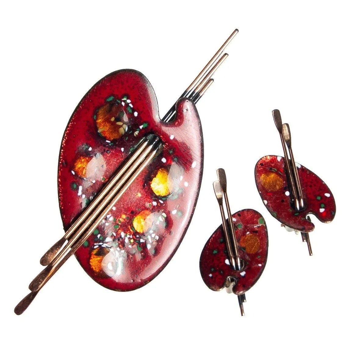 Vintage Matisse Painters Pallet Earrings, Red Lucite, Copper, Clip-on
