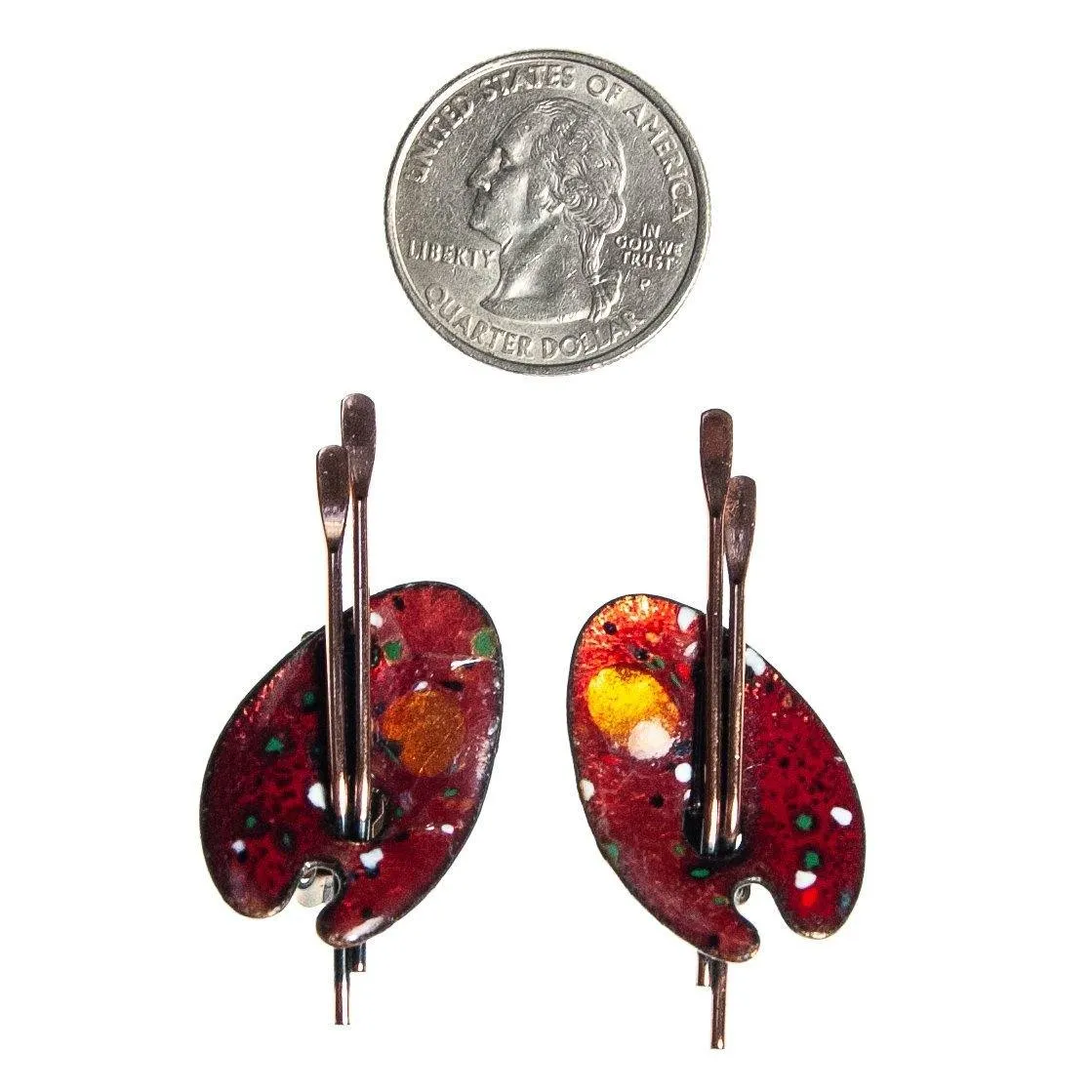 Vintage Matisse Painters Pallet Earrings, Red Lucite, Copper, Clip-on