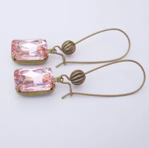 Vintage Pink Faceted Crystal in Antiqued Brass Prong Setting Earrings