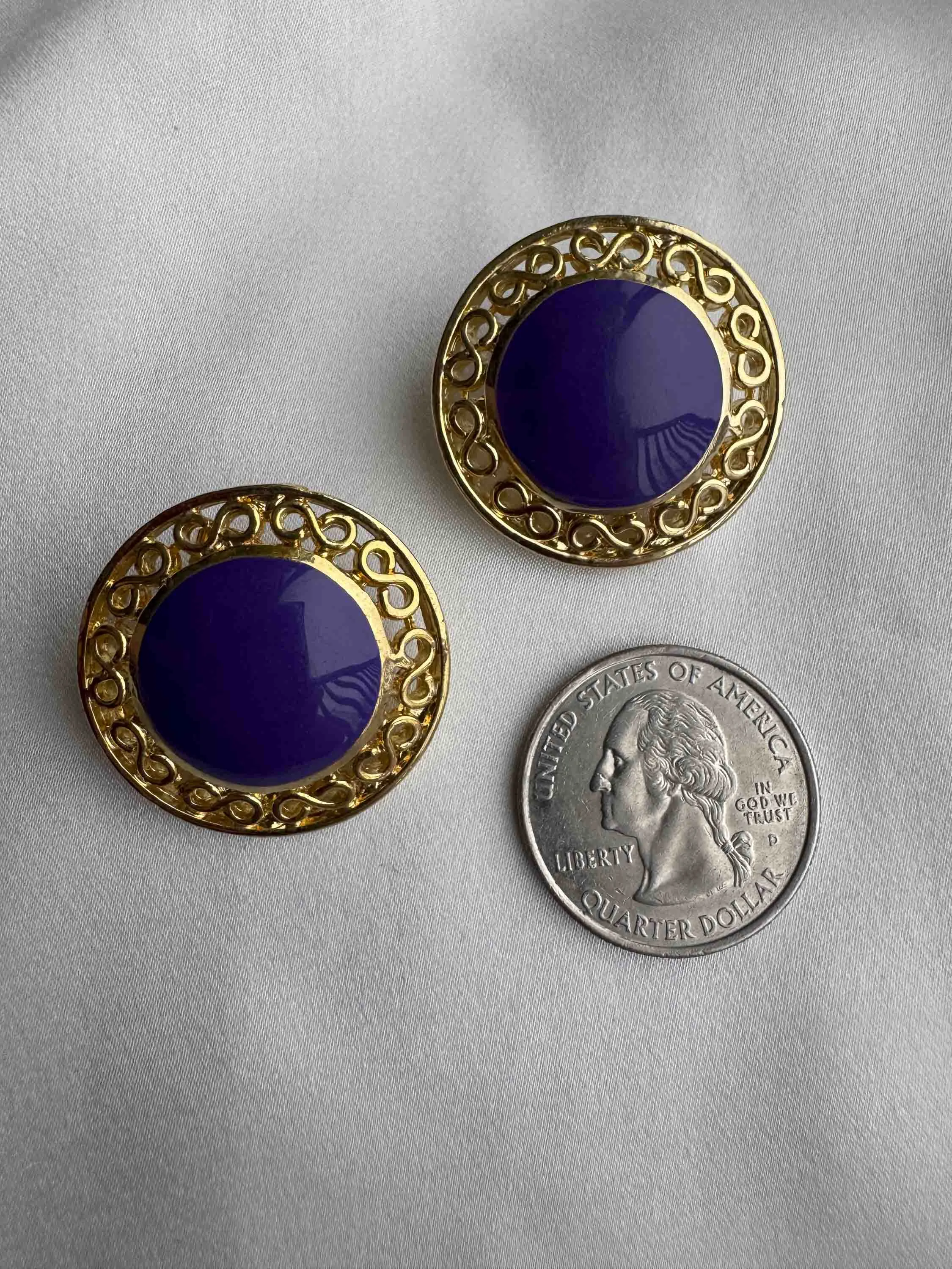 Vintage Purple Enamel & Gold Filigree Post Earrings