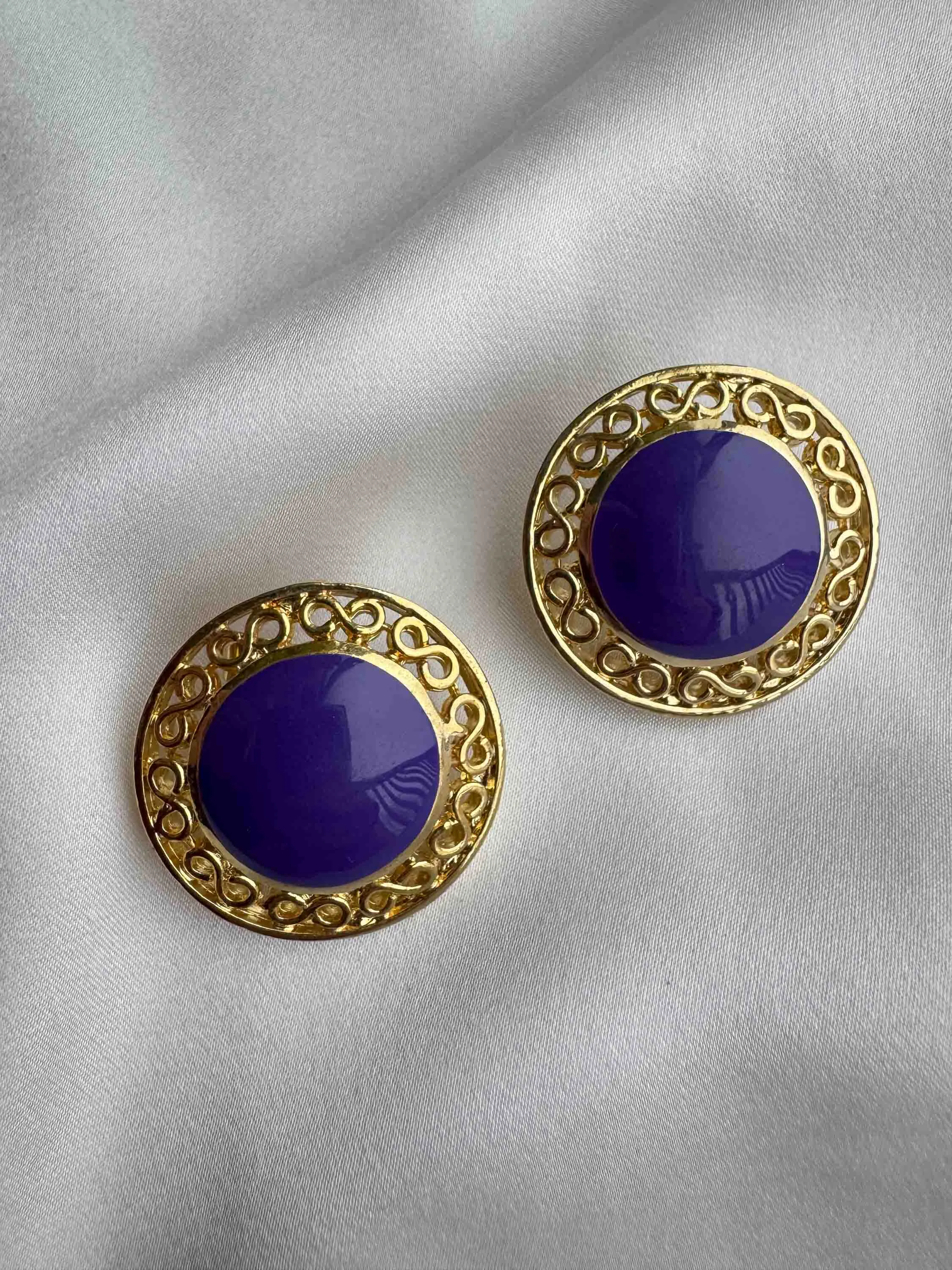 Vintage Purple Enamel & Gold Filigree Post Earrings
