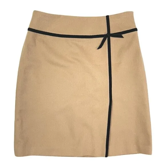 Vintage Soft Wool Skirt Size XS (4P) 26&quot; Waist 1990s Velvet Bow Trim Beige