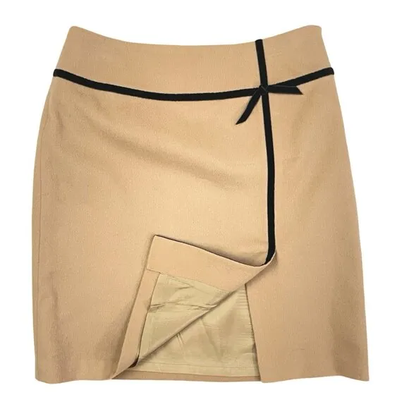 Vintage Soft Wool Skirt Size XS (4P) 26&quot; Waist 1990s Velvet Bow Trim Beige