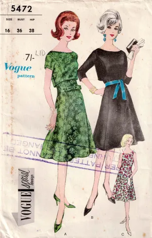 Vogue Special Design 5472 RARE Womens Evening Princess Dress & Overblouse 1960s Vintage Sewing Pattern Size 16 Bust 36 inches UNUSED Factory Folded