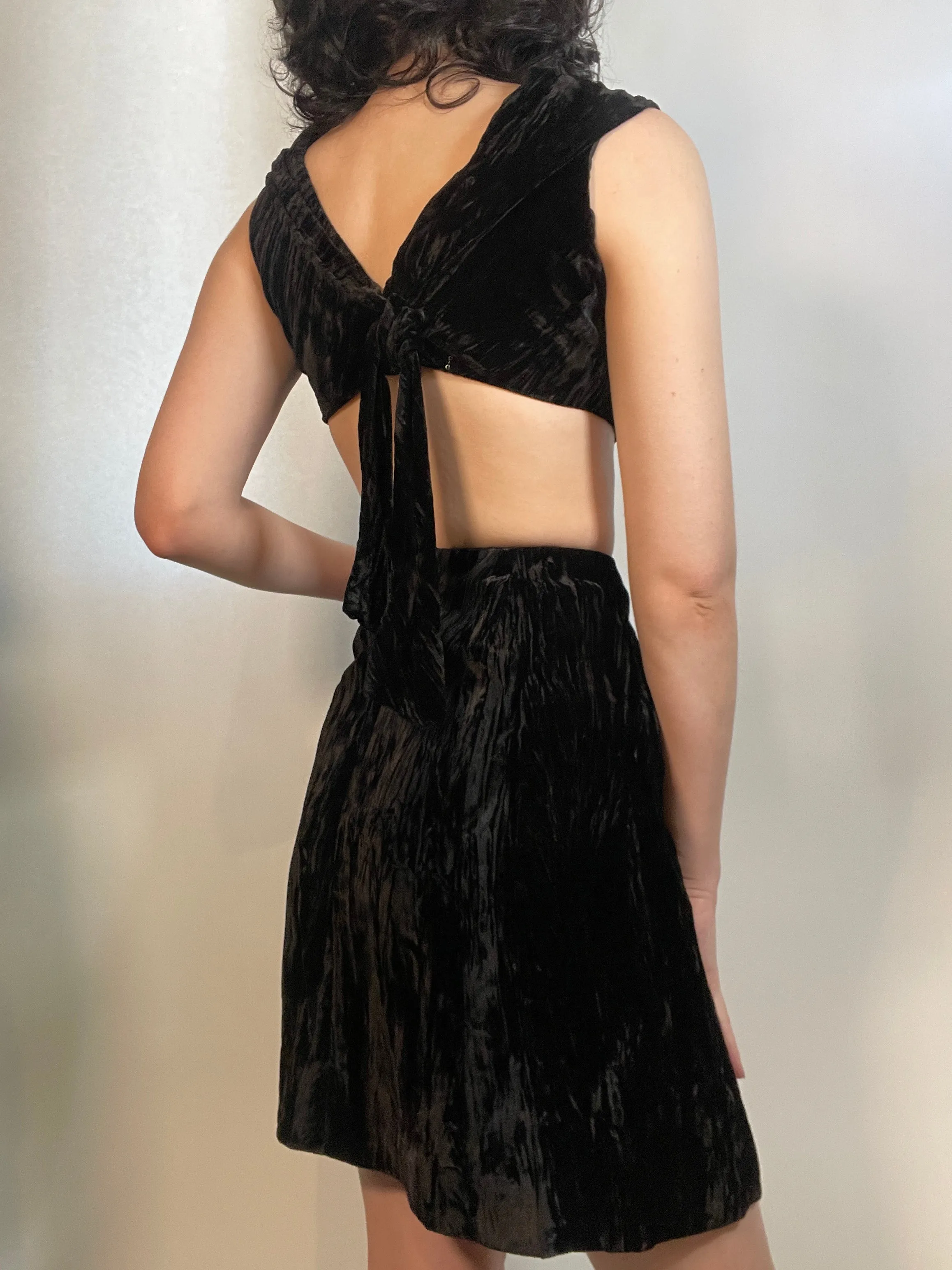 VTG 70s Black Two Piece Crushed Velvet Top & Mini Skirt