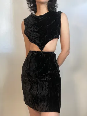 VTG 70s Black Two Piece Crushed Velvet Top & Mini Skirt
