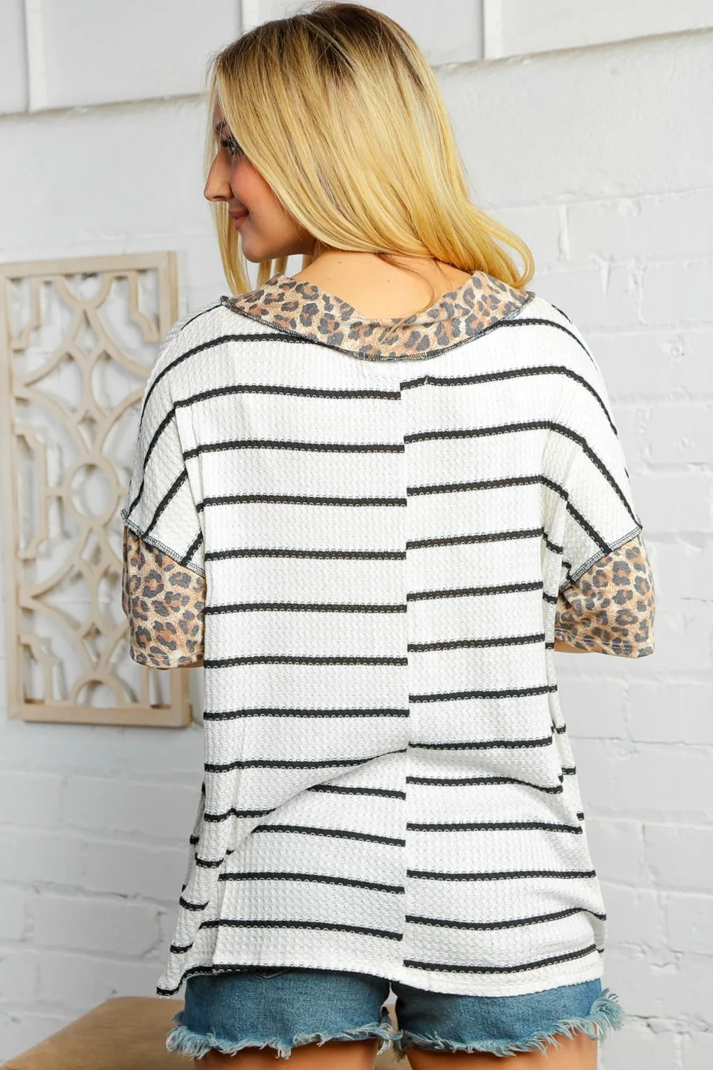 Waffle Stripe Leopard Out Seam Banded Top