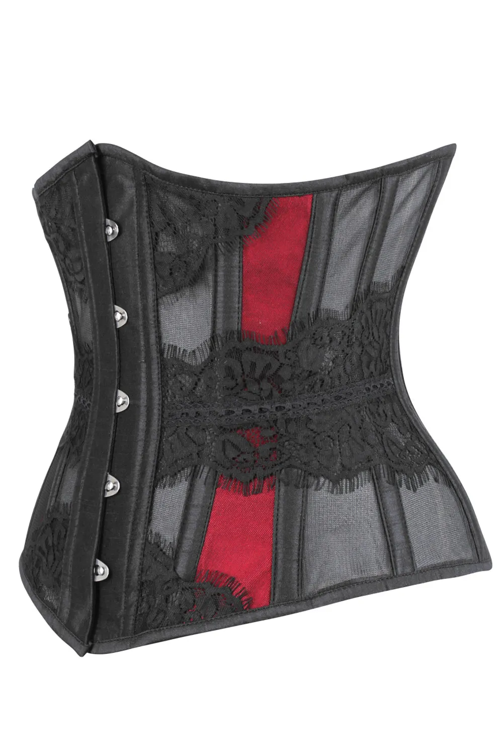 Waist Taming Mesh Underbust With Red Satin Panels And Decorative Lace