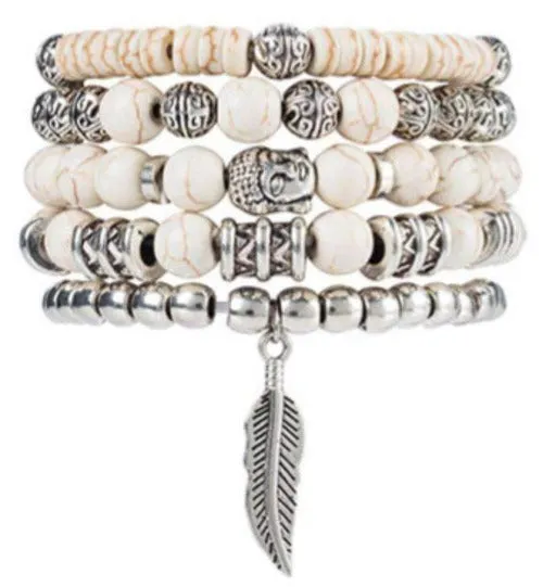 White Beaded 5 Piece Buddha and Feather Bracelet Set