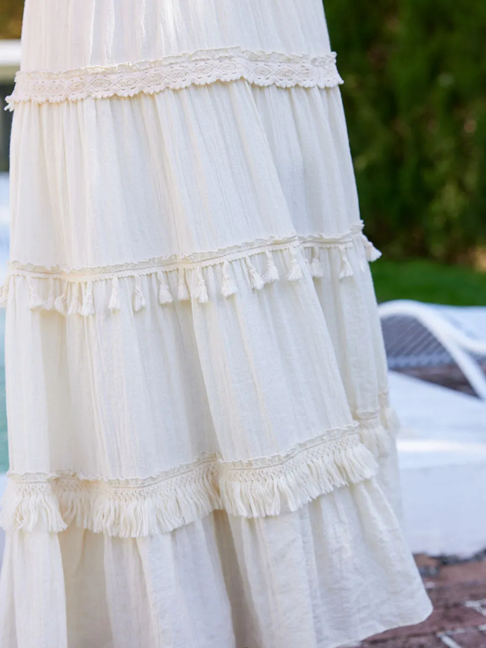 White Bohemian Off The Shoulder Ruffled Tassel High Waist Boho Maxi Dress