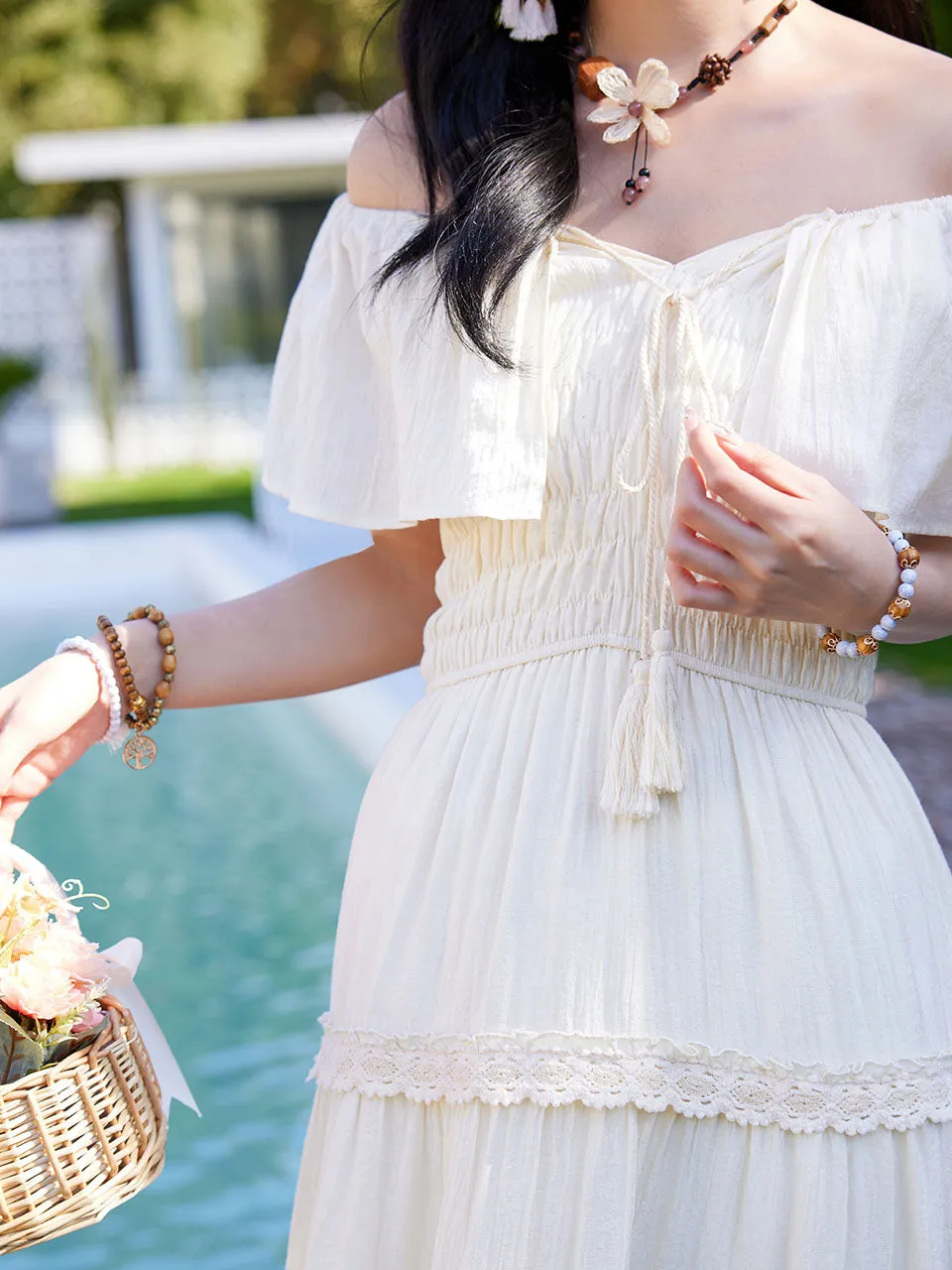 White Bohemian Off The Shoulder Ruffled Tassel High Waist Boho Maxi Dress