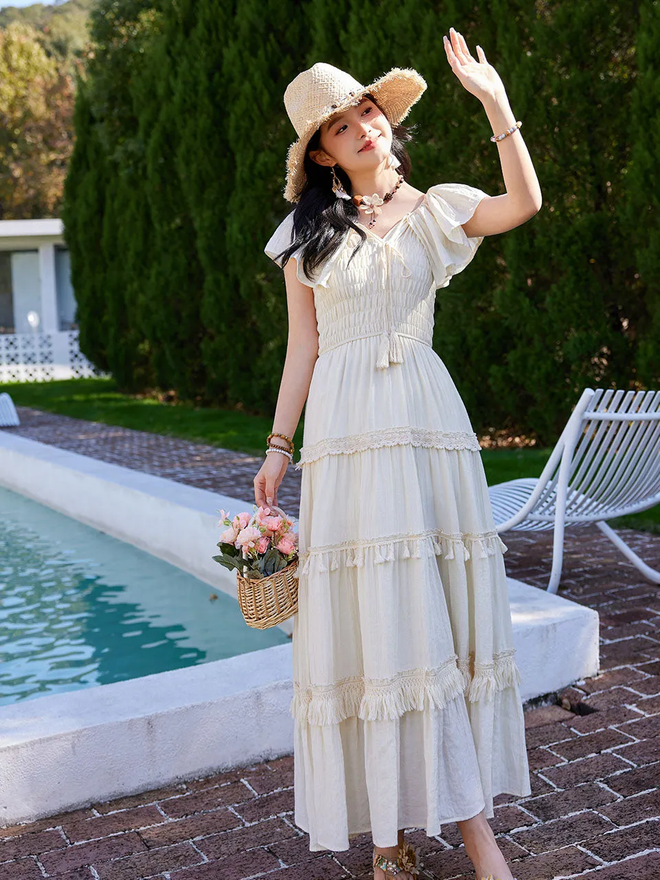 White Bohemian Off The Shoulder Ruffled Tassel High Waist Boho Maxi Dress