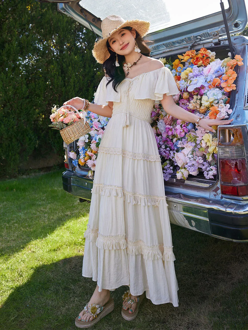 White Bohemian Off The Shoulder Ruffled Tassel High Waist Boho Maxi Dress