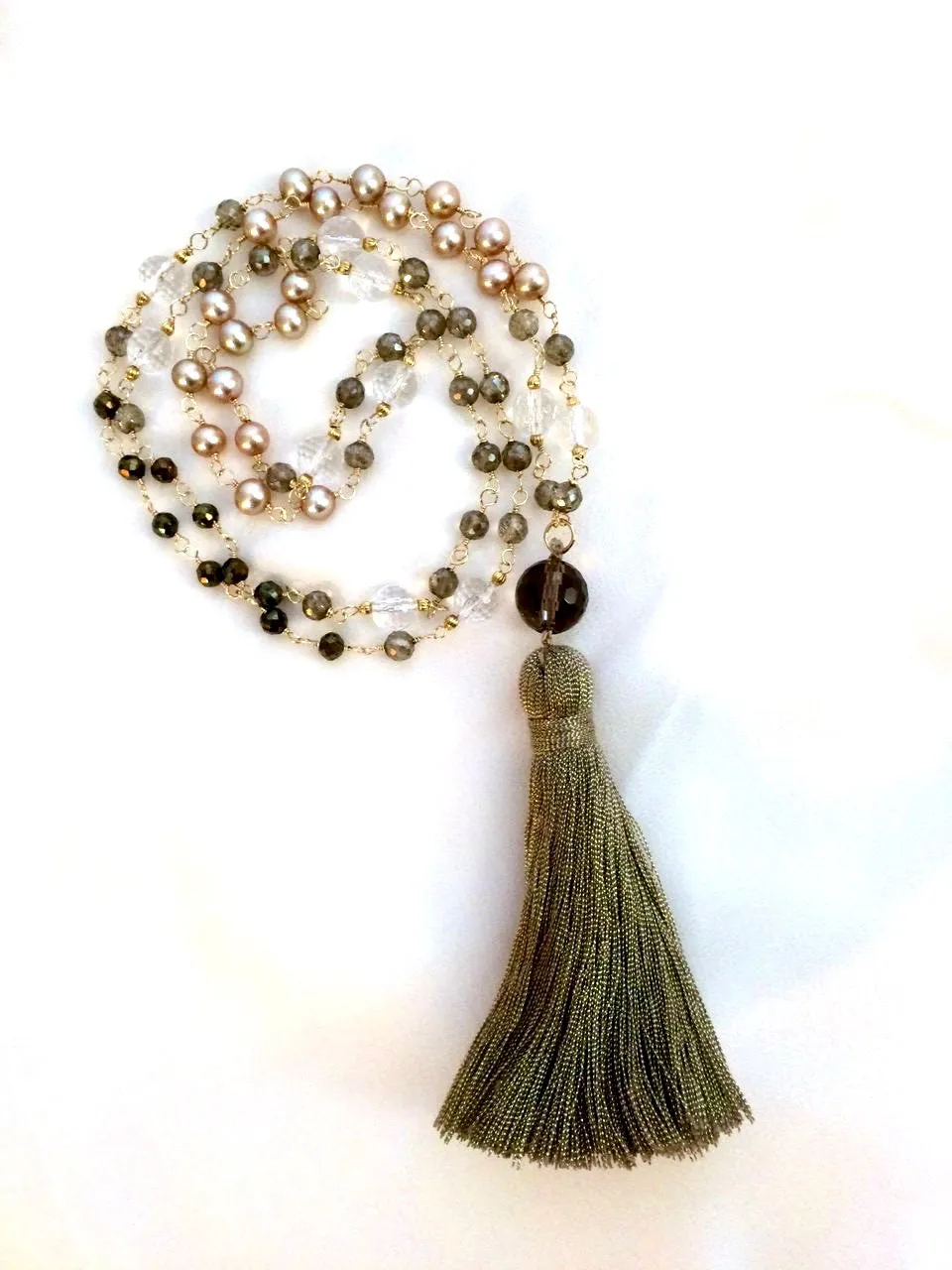 Wire Wrap Long Beaded Tassel Necklace