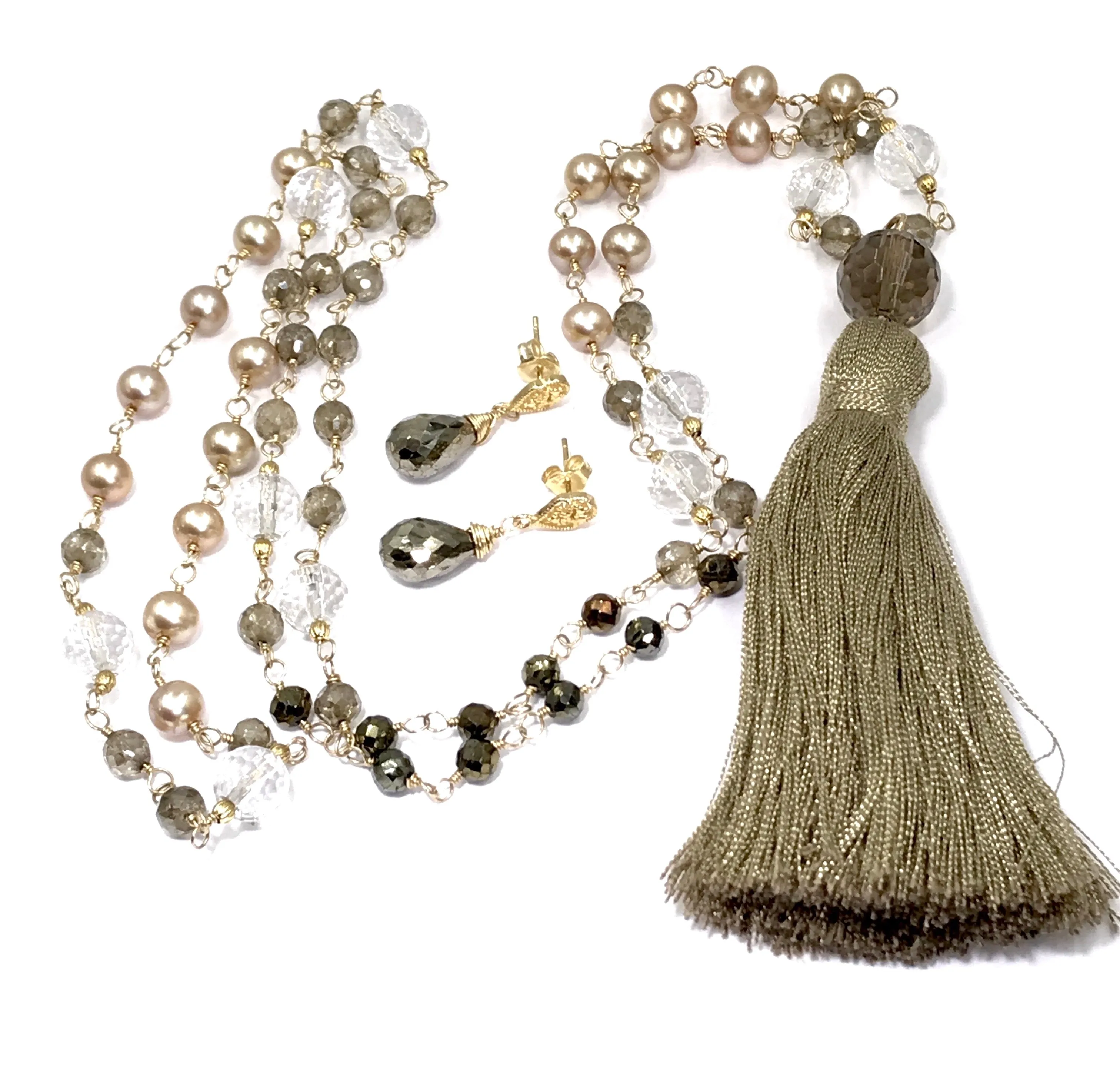 Wire Wrap Long Beaded Tassel Necklace