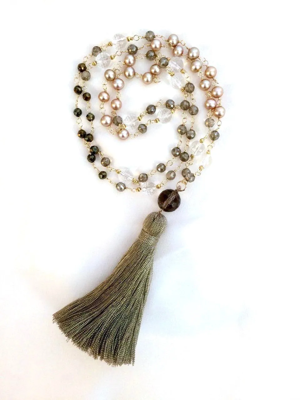 Wire Wrap Long Beaded Tassel Necklace