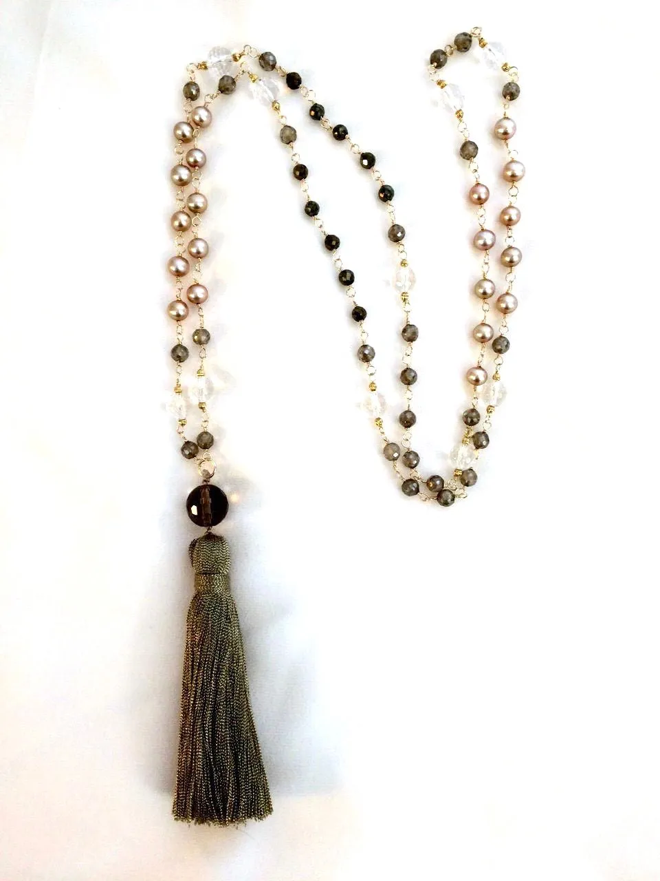 Wire Wrap Long Beaded Tassel Necklace