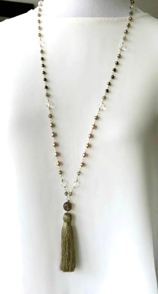 Wire Wrap Long Beaded Tassel Necklace