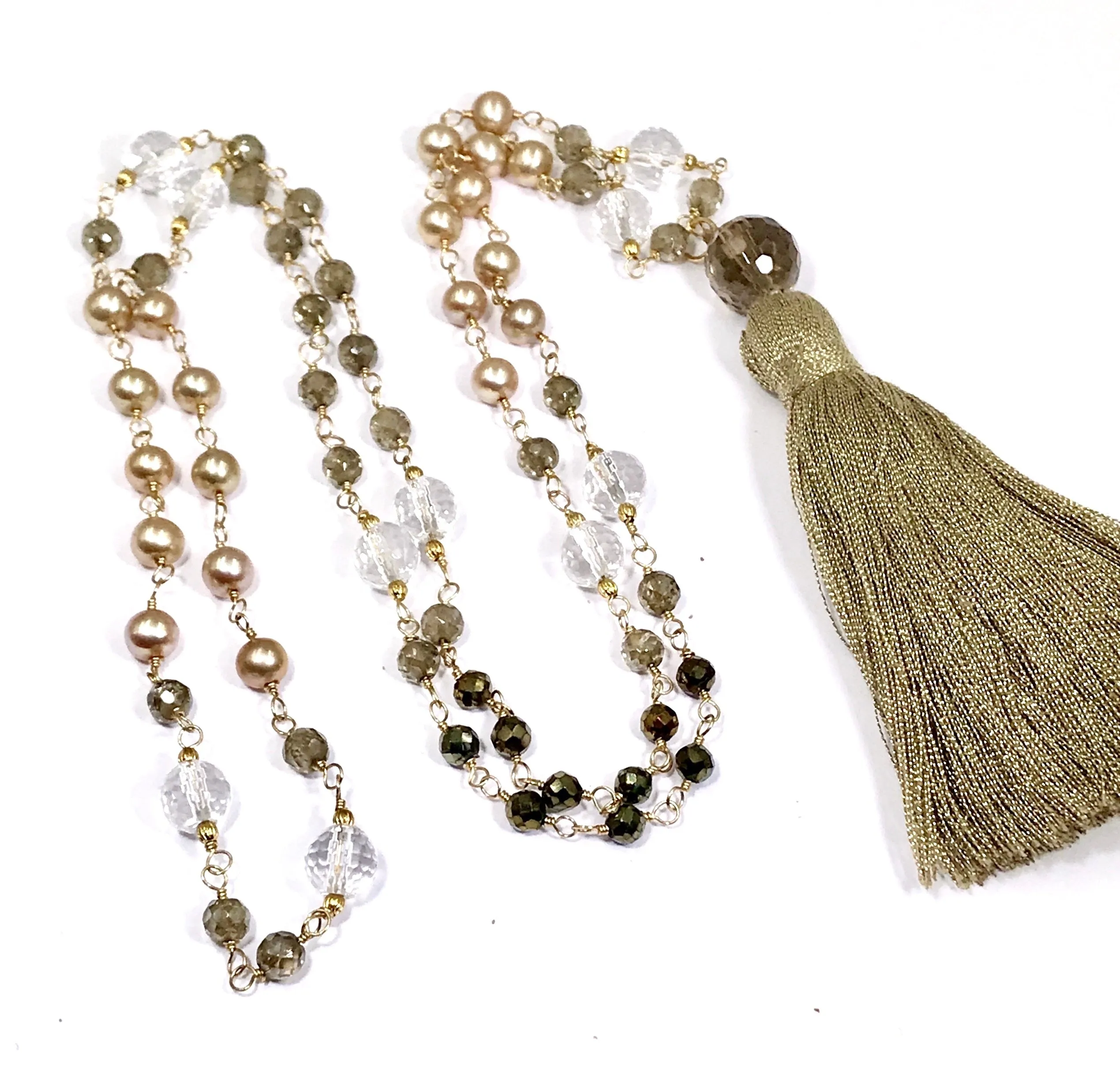 Wire Wrap Long Beaded Tassel Necklace