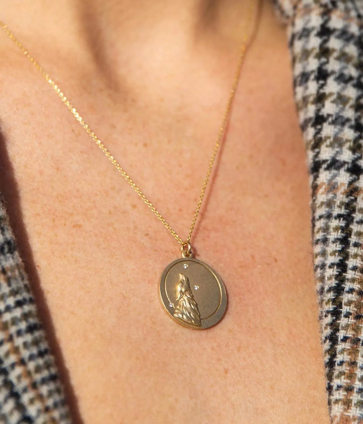 Wolf Solid 14K Gold Charm Chain Necklace with Diamonds