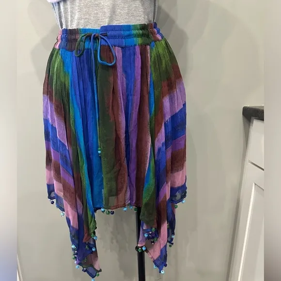 Zara Beaded Hem Short Skirt Peacock Printed flowy Boho Adjustable Waist Size M
