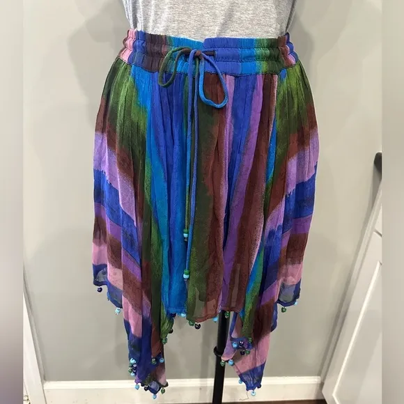 Zara Beaded Hem Short Skirt Peacock Printed flowy Boho Adjustable Waist Size M