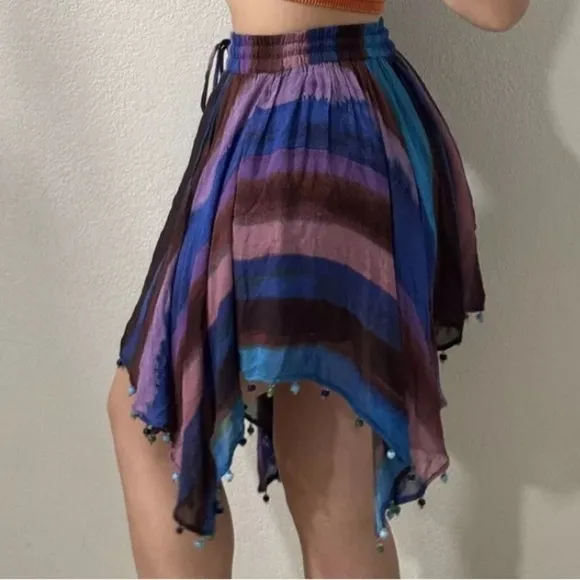 Zara Beaded Hem Short Skirt Peacock Printed flowy Boho Adjustable Waist Size M