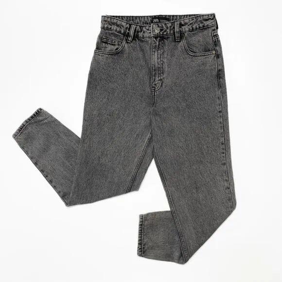 Zara Grey Acid Wash High Rise Distressed Denim Boyfriend Mom Jeans 4