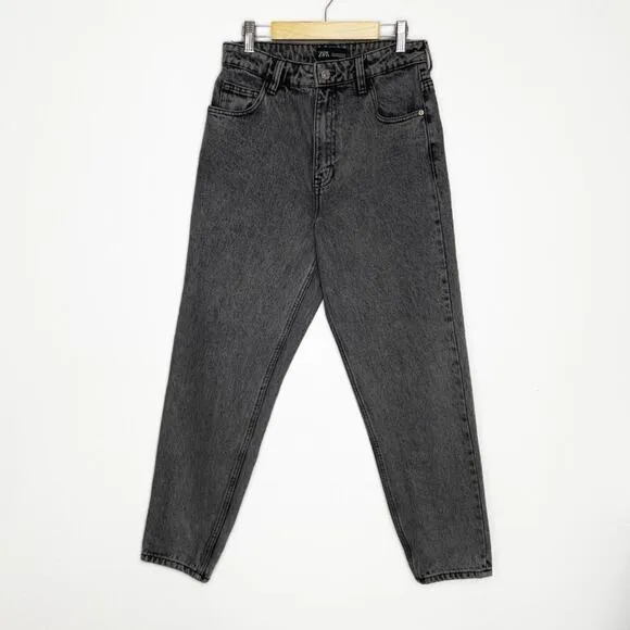 Zara Grey Acid Wash High Rise Distressed Denim Boyfriend Mom Jeans 4